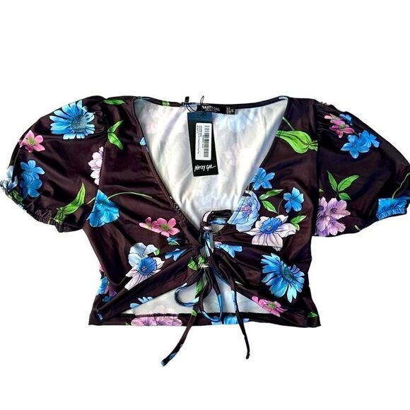 🔴2 for 30🔴 Nasty Gal top tie front cut out crop in black with floral design,8 - Picture 2 of 11